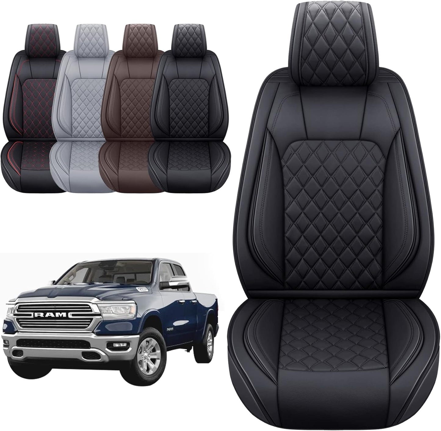Aierxuan 2 PCS Front Seat Covers for Dodge Ram Custom Fit 2009-2025 1500/2500/3500 Pickup Truck Crew Quad Regular Cab Waterproof Leather Cushions(2 PCS Front/Black)