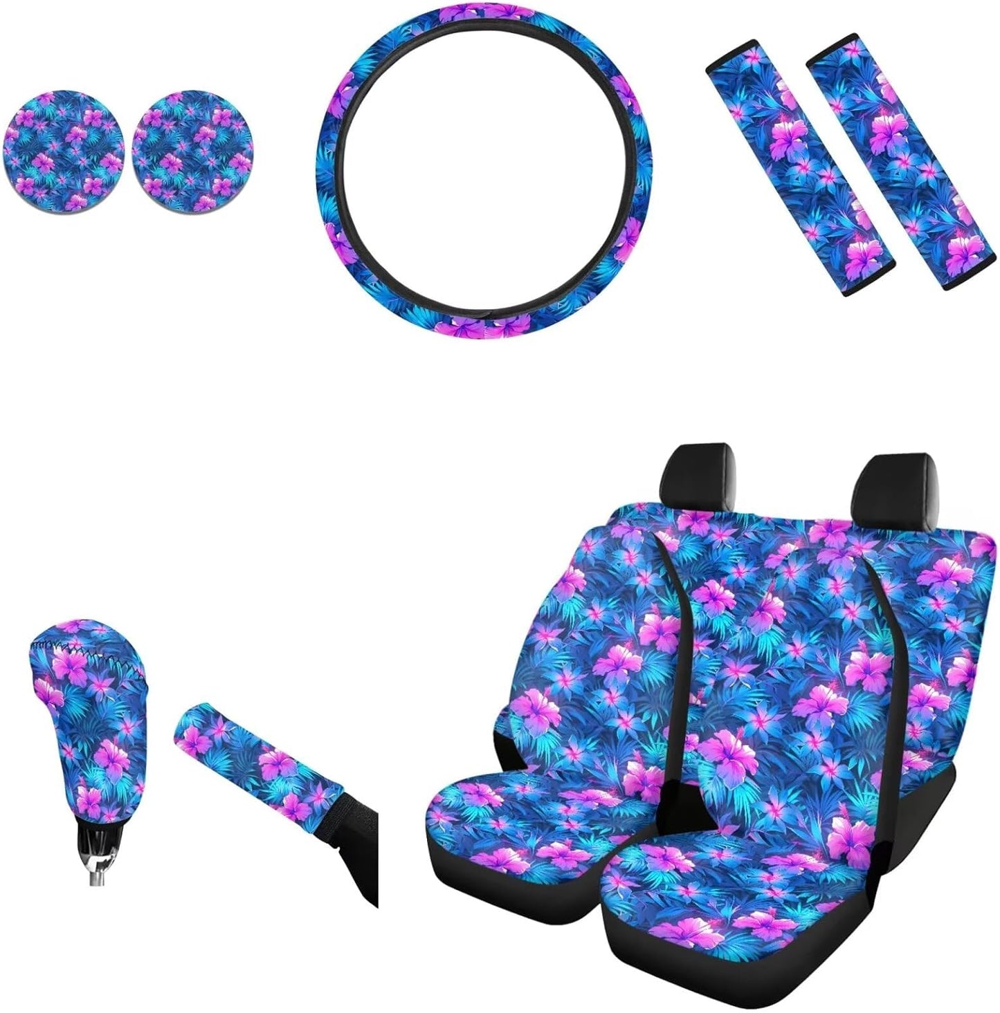 AFPANQZ Nebula Galaxy Car Seat Covers with Steering Wheel Cover, Seat Belt Shoulder Pads, Cup Holder Coasters, Gear Shift Knob and Handbrake Protector Cushion Full Set of 11 for Men Women Gift Navy