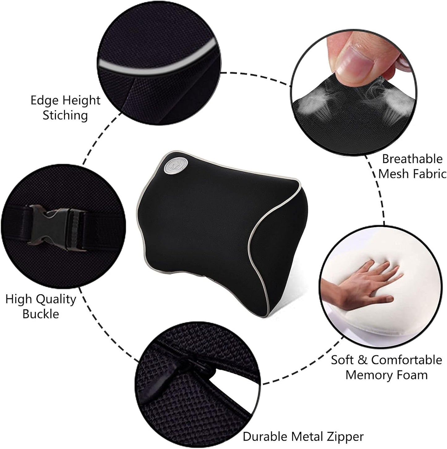 Shunzhou Car Seat Neck Pillow, Ergonomic Headrest Cushion, Memory Foam Neck Support Head Pillows with Adjustable Strap and Washable Cover -Black