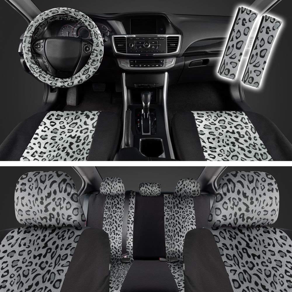 BDK carXS Zebra Print Car Seat Covers Full Set Includes Matching Seat Belt Pads and Steering Wheel Cover Two-Tone Animal Print Beige Seat Covers for Cars for Women, Car Seat Protector Interior Covers