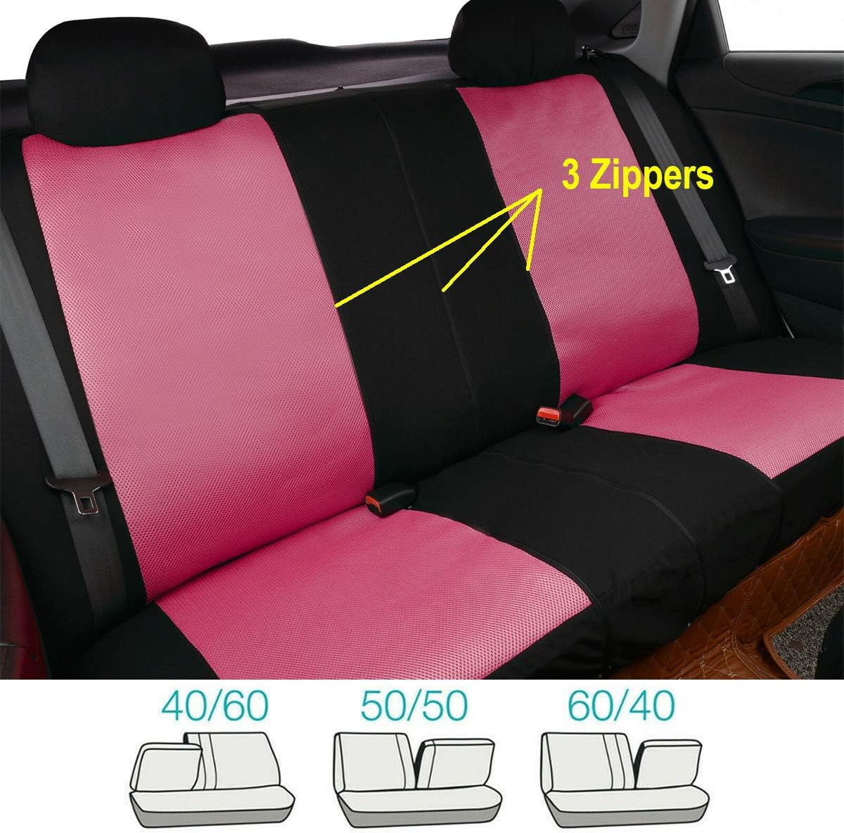 Flying Banner Car Seat Covers Full Set 11 PCS | Rear Bench with 3 Zippers | Butterfly Embroidery Stitched Mesh Black with Pink Color