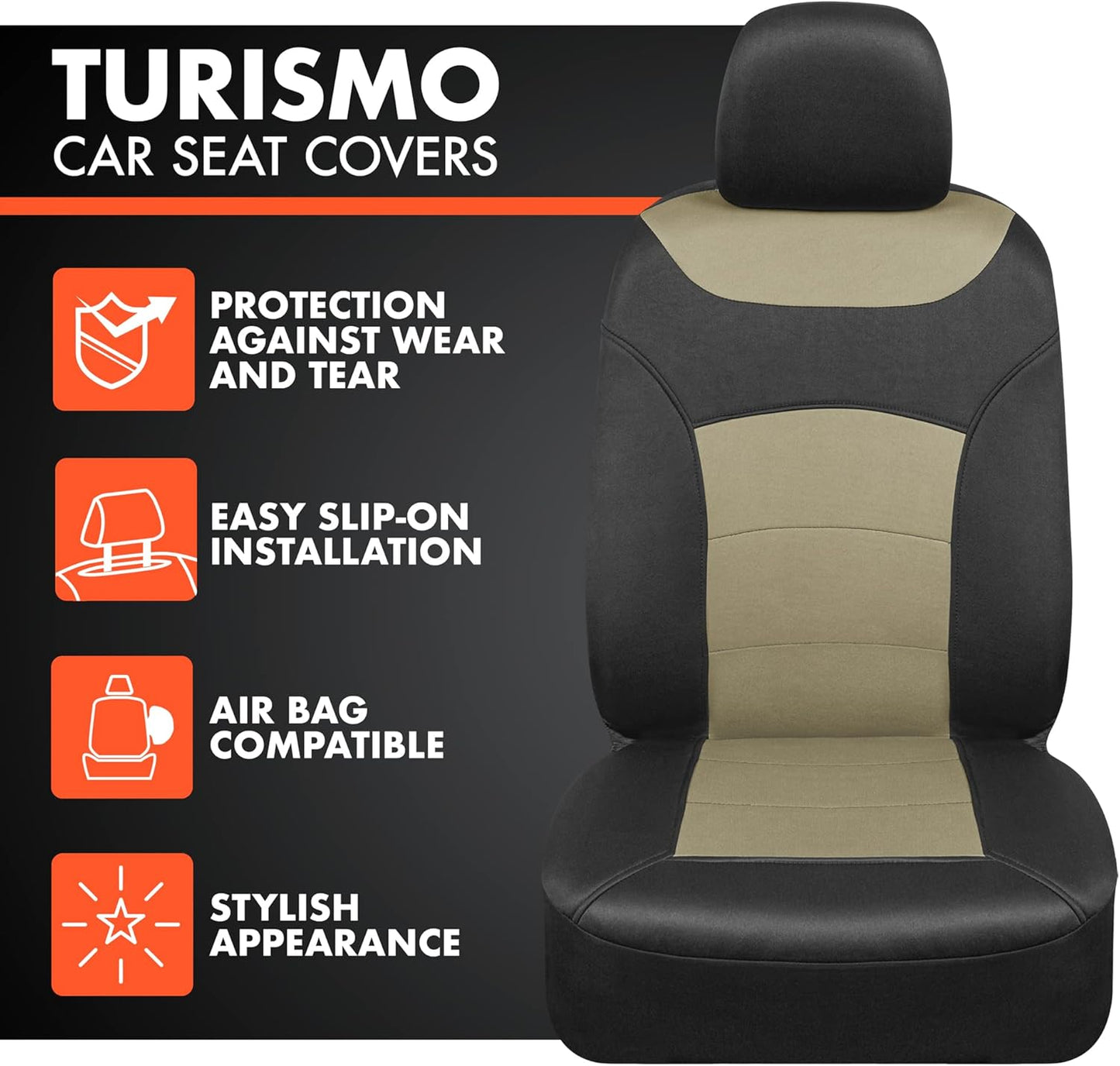 BDK carXS Turismo Car Seat Covers Full Set, Beige Two-Tone Front Seat Covers with Split Rear Bench Back Seat Cover, Automotive Seat Covers for Trucks SUV Van Auto