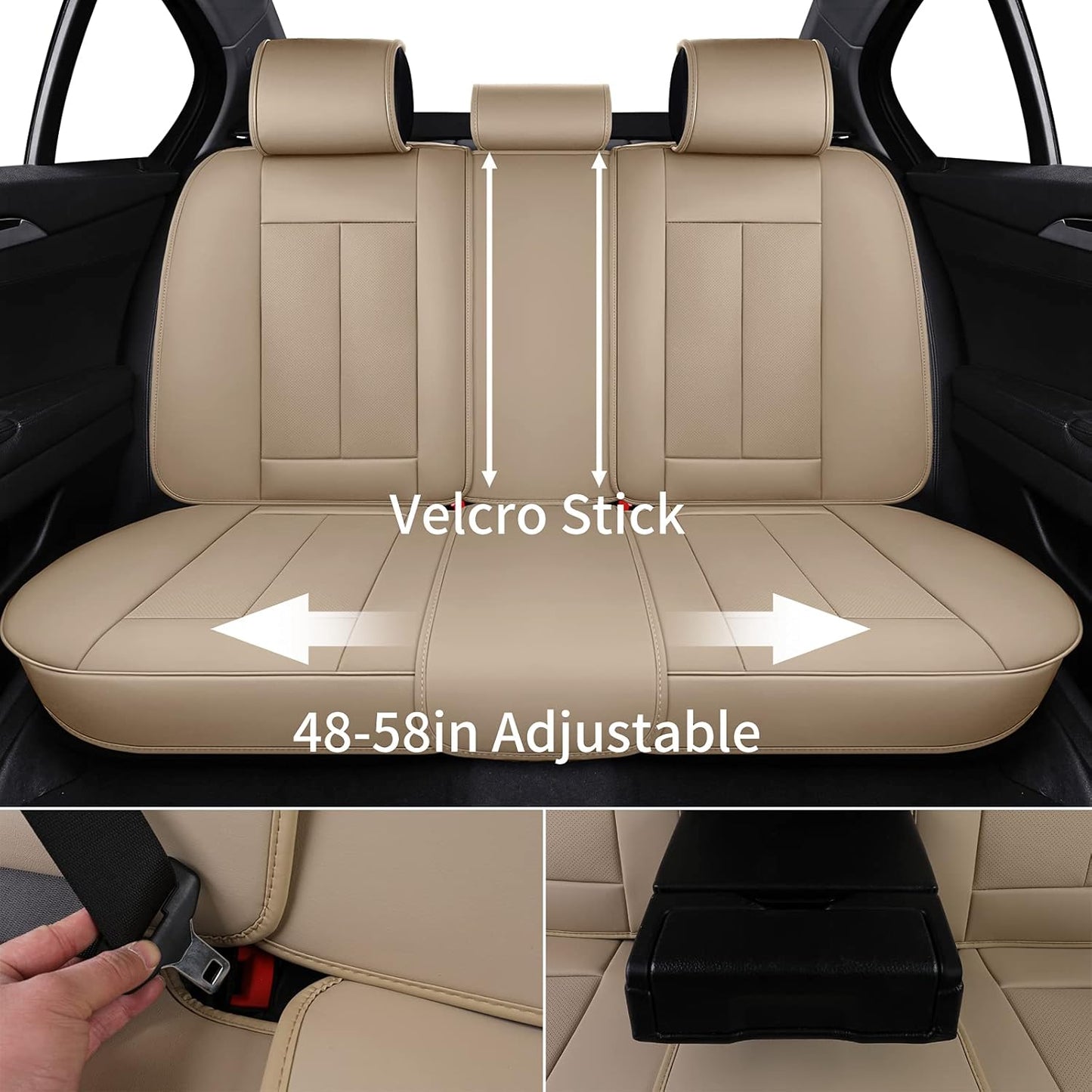 Coverado Back Seat Covers, Waterproof Nappa Leather Auto Rear Seat Cushions Protective Car Accessories, 3-Pieces -Adjusted Universal Fit for Most Sedans SUV Pick-up Truck, Beige