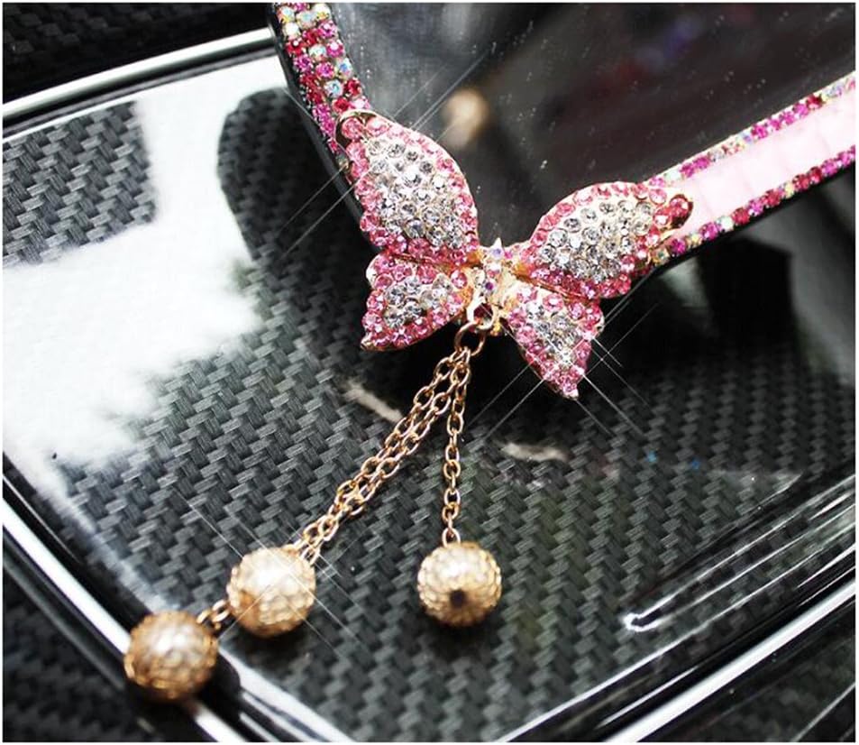 LuckySHD Car Rear View Mirror with Crystal Diamond Butterfly - Pink