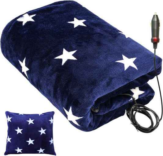 Klaggie Car Heated Blanket - 12-Volt Portable Blanket for Car, Truck, SUV, RV - Soft Flannel and Sherpa - Travel Size 59" x 43"