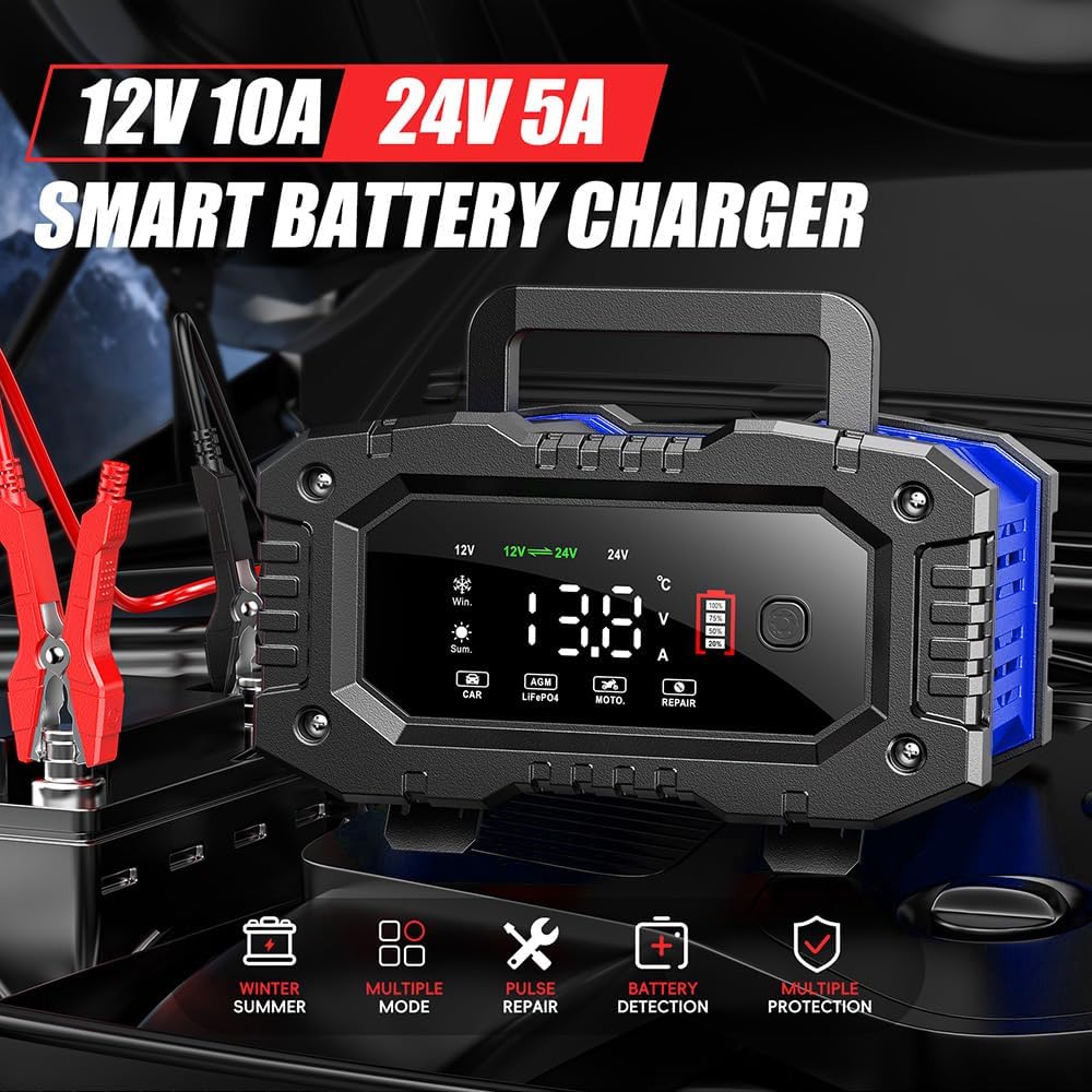 IRICO Multi-Stage Smart Battery Charger for Lithium-ion, LifePo4, AGM, Gel, SLA, Wet, EFB, Deep Cycle Batteries, with Repair Feature. Charge at 12V, 20A or 24V 10A