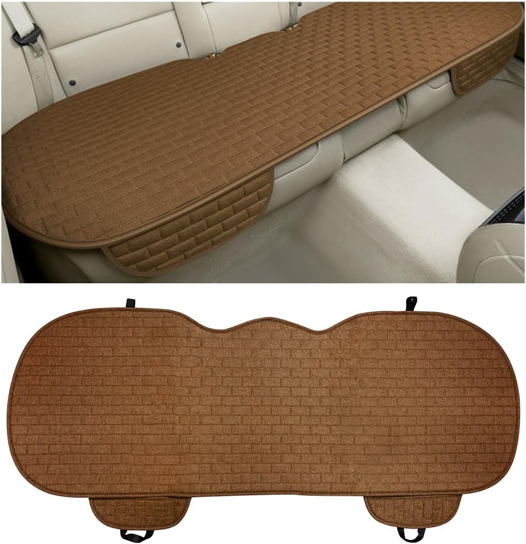 KVAEY Linen Back Car Seat Cover, Anti-Slip Long Bottom Rear Seat Cover Protector with Storage Pockets, Breathable Linen Rear Bench Seat Protector Cushion Pad for Most Vehicles (Beige)