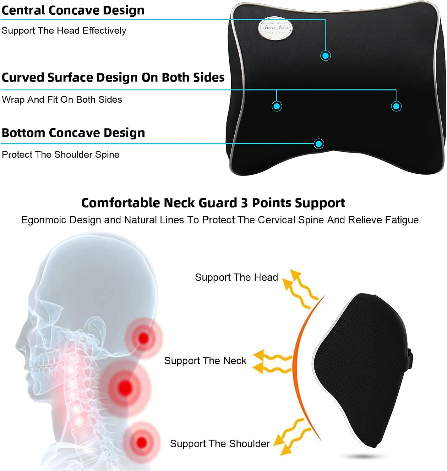 Shunzhou Car Seat Neck Pillow, Ergonomic Headrest Cushion, Memory Foam Neck Support Head Pillows with Adjustable Strap and Washable Cover -Black