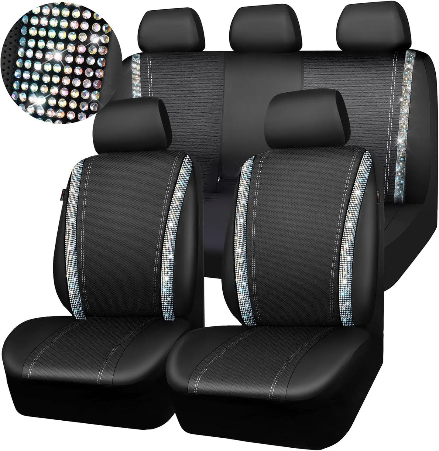 CAR PASS Bling Car Seat Covers Full Set, Shining Glitter Rhinestone Diamond Waterproof Faux Leather Interior Sets Universal Fit Automotive Glitter Crystal Sparkle Strips for Cute Women Girl, Beige
