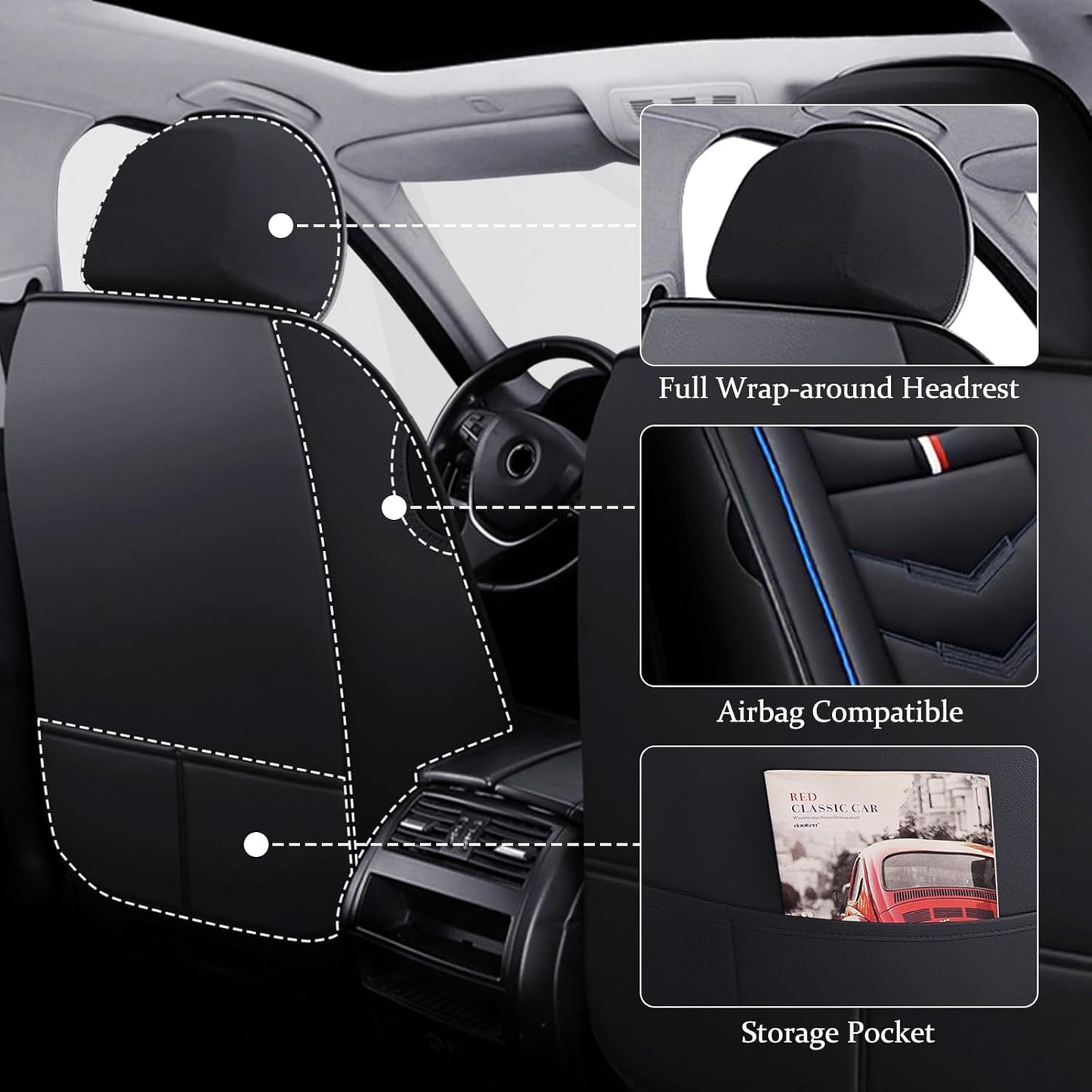 Car Seat Cover for GMC Terrain 2010-2024, Waterproof Durable Compatible Airbag, Premium Leather Seat Protector(2 Seats Standard,Black Blue)