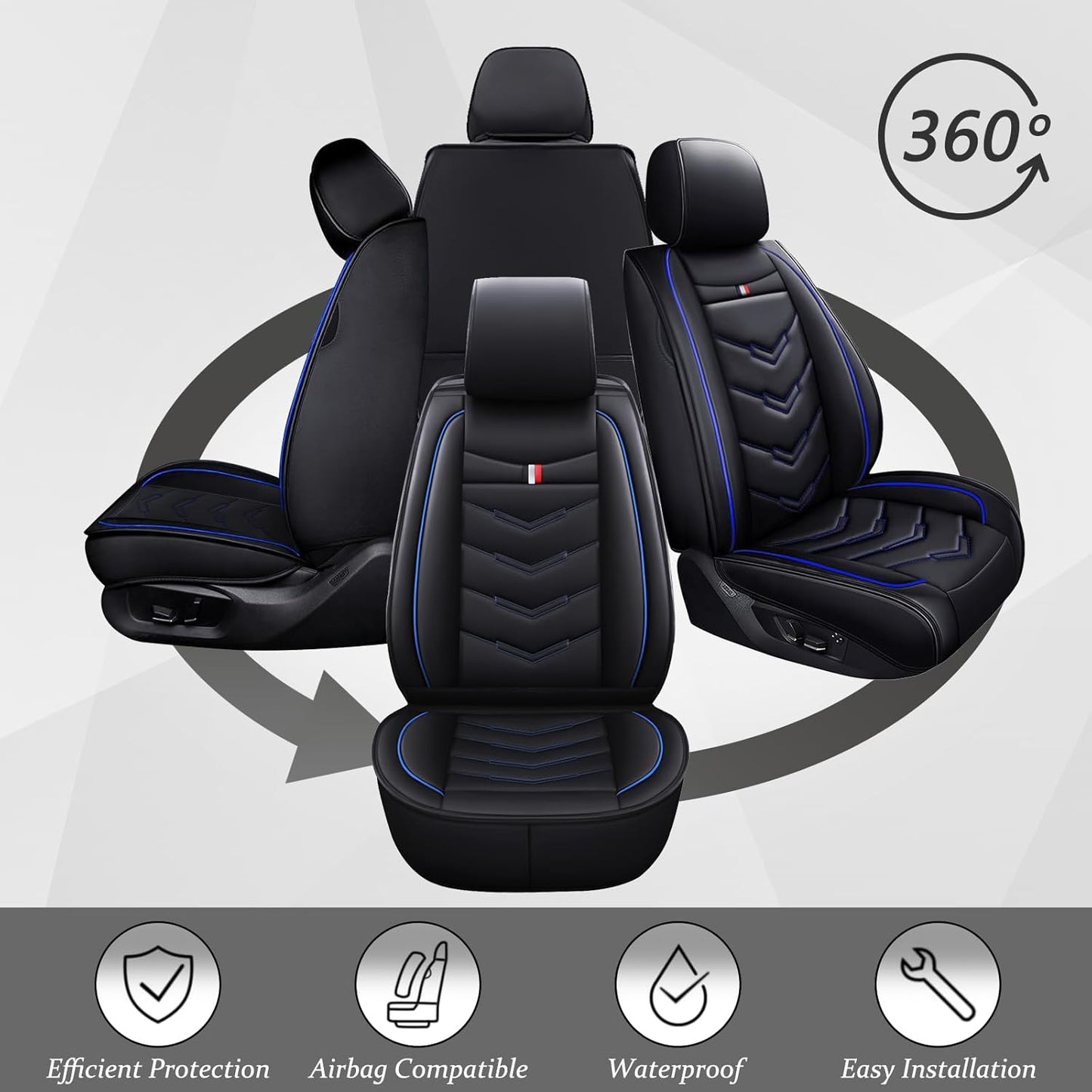 Car Seat Cover for GMC Terrain 2010-2024, Waterproof Durable Compatible Airbag, Premium Leather Seat Protector(2 Seats Standard,Black Blue)
