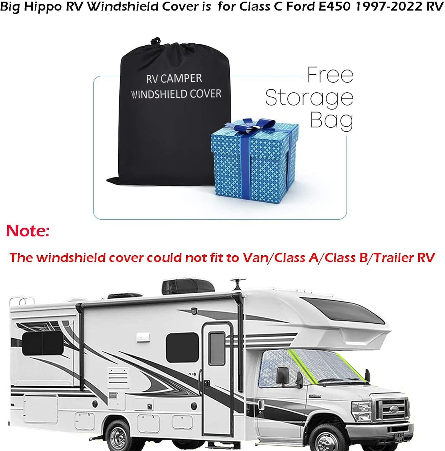 Big Hippo Windshield Cover RV Window Sunshade Cover for Class C Ford E450 1997-2022 Motorhome, UV Block Offer Complete Privacy with Reflective Strips RV Accessories 4 Layers with Mirror Cutouts Silver