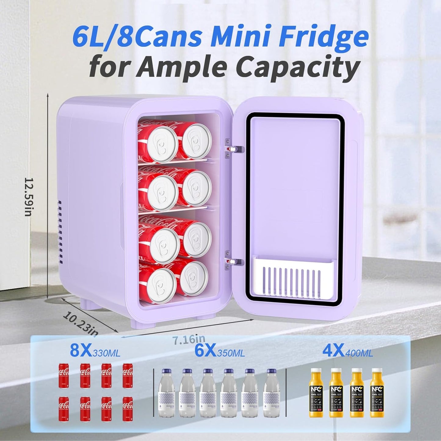 YASHE Mini Fridge, 6 Liter/8 Cans 110V AC/DC Portable Thermoelectric Cooler Refrigerators for Bedroom, Skincare, Beverage, Office, Dorm Room and Car, Purple