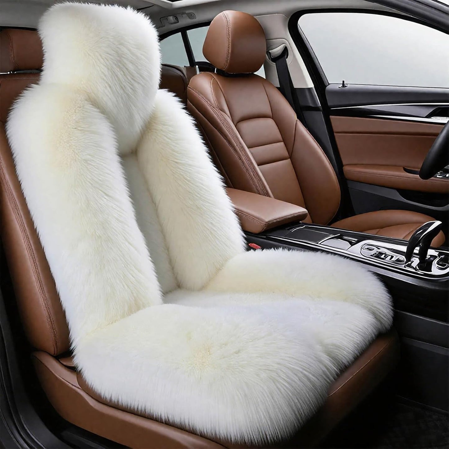 Gracefur Sheepskin Car Seat Cover Genuine Wool Seat Cover Fluffy Fur Front Seat Covers Fits Cars, Trucks, SUV, or Van (White)