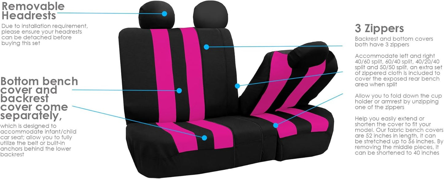 FH Group Three Row 7 Seater Combo Set Striking Striped Car Seat Covers with Steering Wheel Cover and Seat Belt Pads - Universal Fit for Most Cars, Trucks, SUVs or Vans Pink/Black