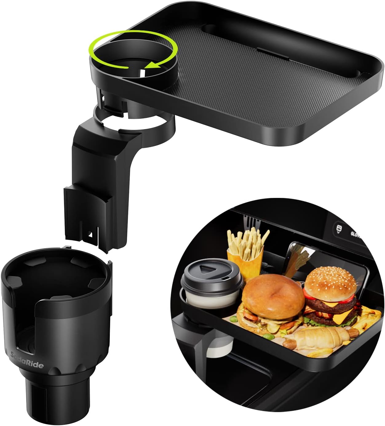 SodaRide Car Cup Holder Expander Large Size Detachable Food Tray, 1 for 3 Drink Holder Adapter with Solid Base - Fits Yeti, Hydro Flask, Nalgene, 32/40 oz, Road Trip Essential Car Travel Accessories