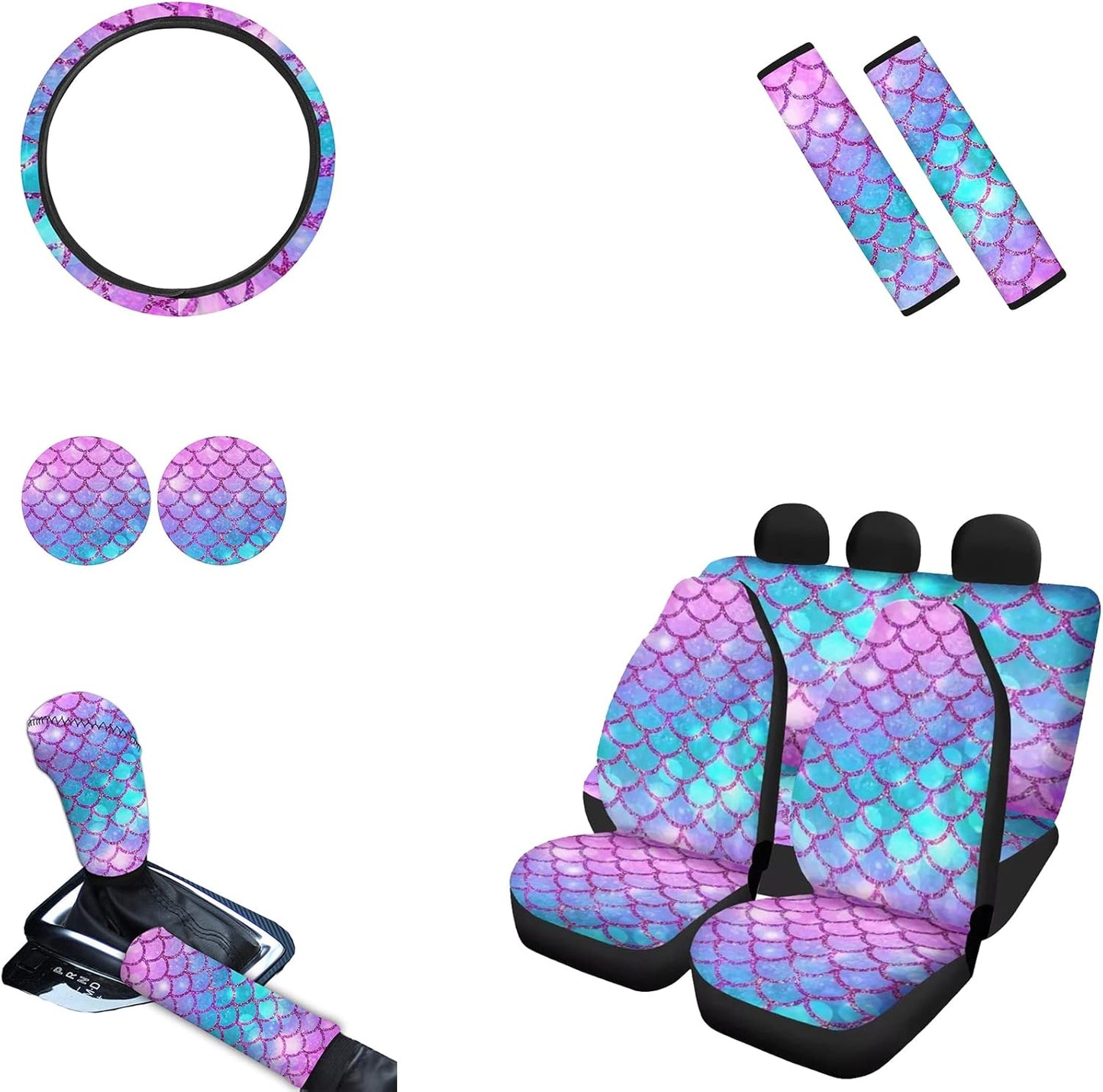 AFPANQZ Nebula Galaxy Car Seat Covers with Steering Wheel Cover, Seat Belt Shoulder Pads, Cup Holder Coasters, Gear Shift Knob and Handbrake Protector Cushion Full Set of 11 for Men Women Gift Navy