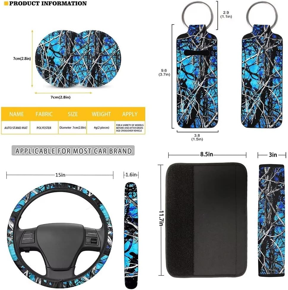 Wideasale Blue Camo Oak Hunting 12Pc Car Seat Covers Full Set/Steering Wheel Covers/Seat Belt Pads/Key Chain/Coaster/Lipstick Holder Universal Auto Accessories Interior Protector Universal Fit