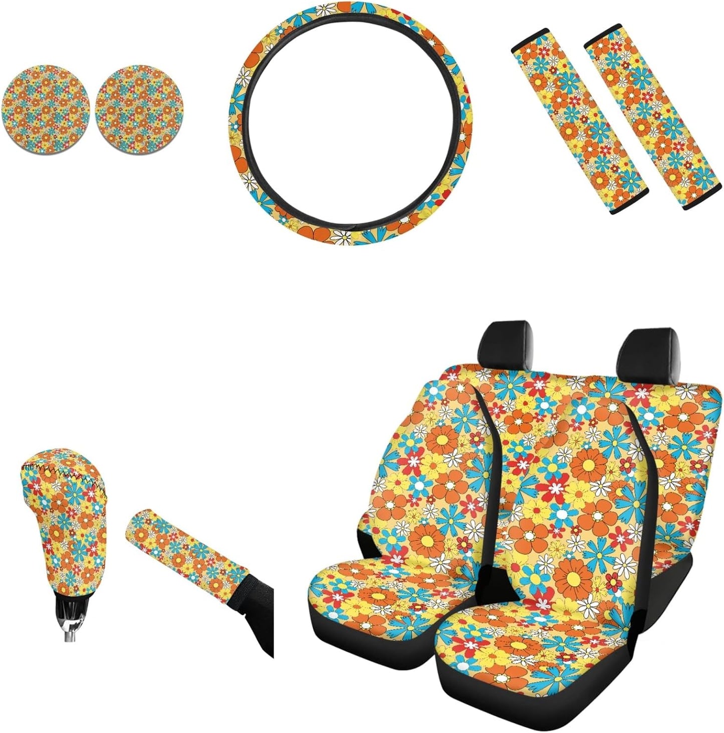 AFPANQZ Nebula Galaxy Car Seat Covers with Steering Wheel Cover, Seat Belt Shoulder Pads, Cup Holder Coasters, Gear Shift Knob and Handbrake Protector Cushion Full Set of 11 for Men Women Gift Navy
