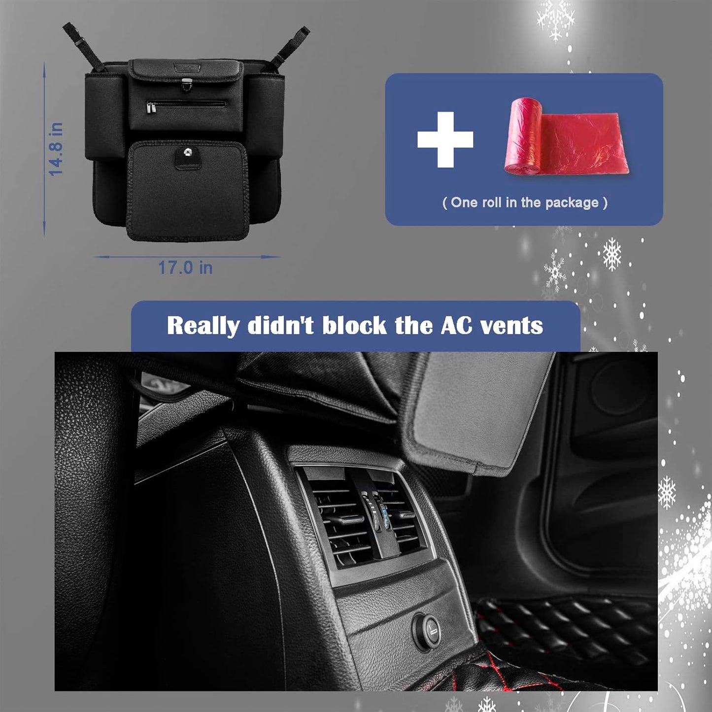 AMEIQ Car Accessories, Trash Bag Garbage Can, Recycle Bin for Rubbish Waster Litter, Organizer Storage Container Between Front Seats, Holder of Handbag Purse Umbrella Tissue, Pet Barrier, Black