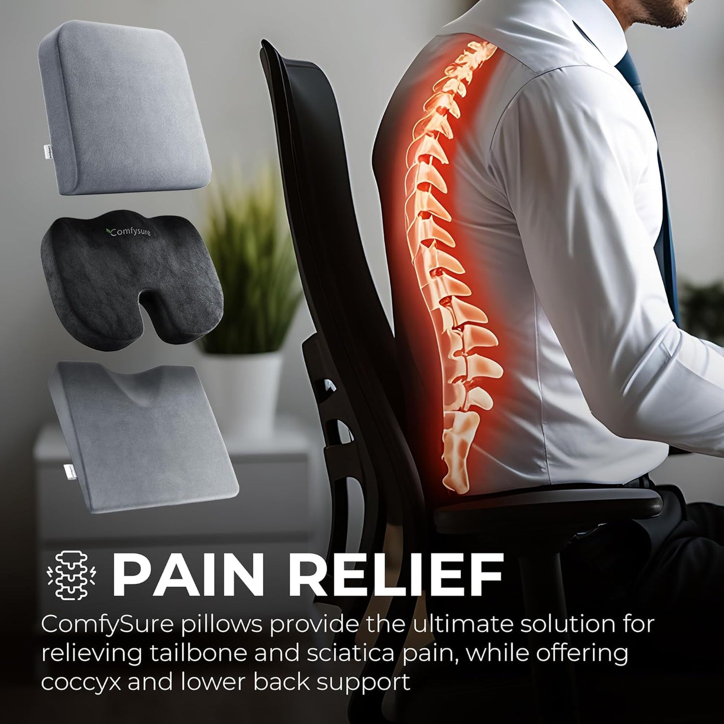 ComfySure Car Seat Wedge Pillow - Memory Foam Firm Cushion - Orthopedic Support and Pain Relief for Lower Back, Tailbone, Coccyx and Hips for Driving, Office Chairs and More (Grey)