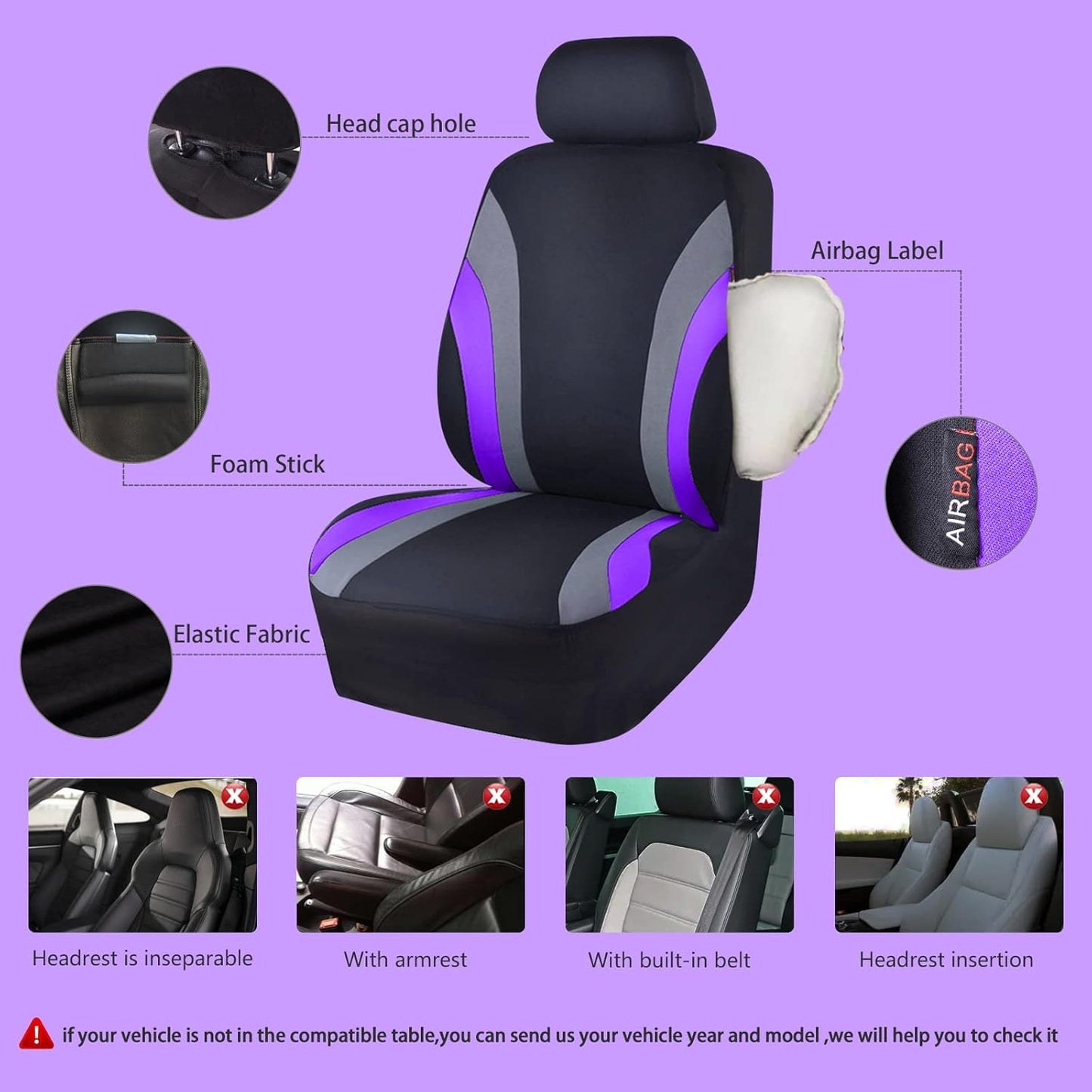 CAR PASS Line Rider Sporty Car Seat Covers Full Set with 4Pcs Waterproof Car Floor Mats Universal Fit Airbag Compatible Automotive Interior Covers for Trucks,Vans,SUV (Combo Set, Black & Purple)