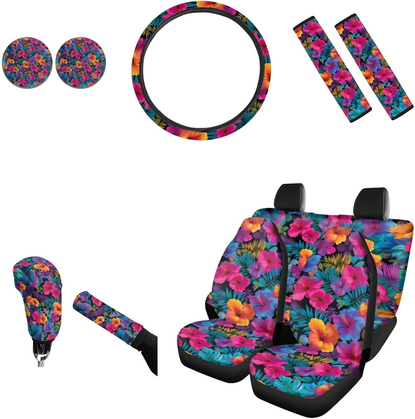 AFPANQZ Nebula Galaxy Car Seat Covers with Steering Wheel Cover, Seat Belt Shoulder Pads, Cup Holder Coasters, Gear Shift Knob and Handbrake Protector Cushion Full Set of 11 for Men Women Gift Navy