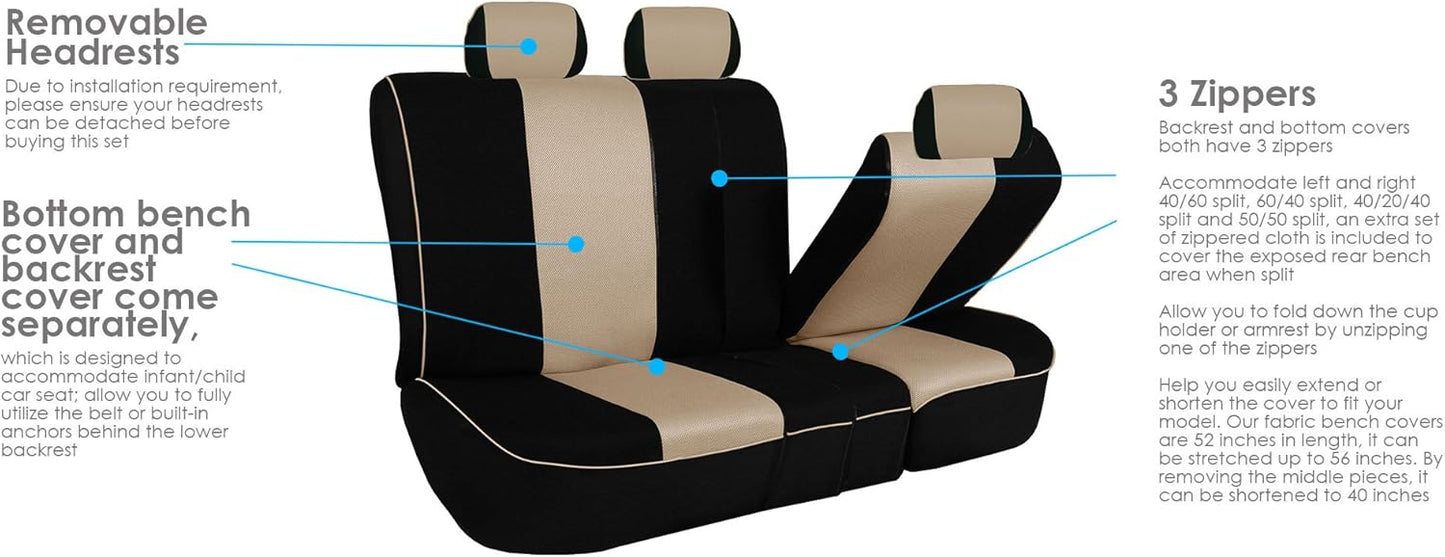 FH Group Car Seat Covers Three Row 8 Seater Cloth Car Seat Covers with Piping (Airbag and Split Ready) - Universal Fit for Cars Trucks & SUVs Beige/Black