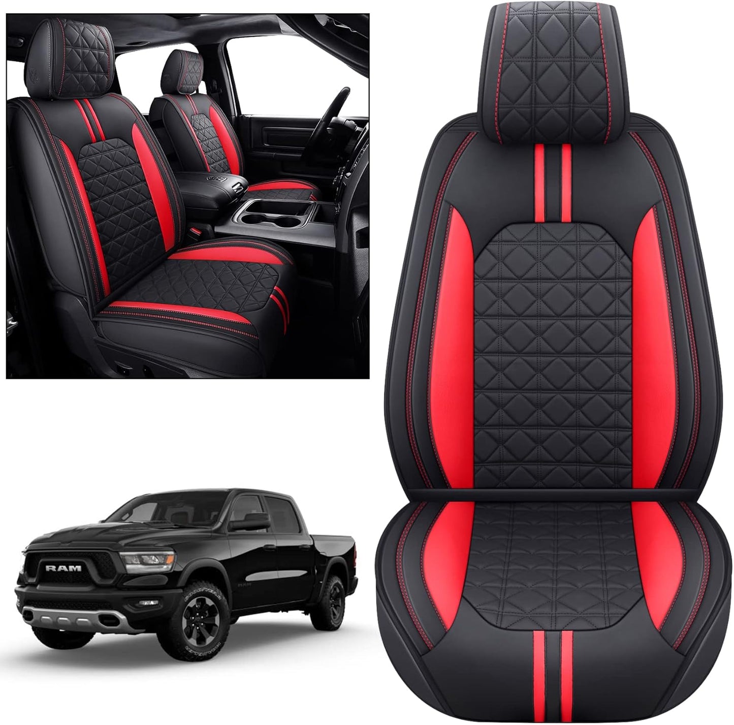YIERTAI for Dodge RAM Seat Covers Fit 2009-2023 2024 2025 1500 2500 3500HD Crew Double Cab Quad Cab Big Long Horn Rebel Tradesman Laramie Truck Waterproof Leather TSWKM Style(2 PCS Front/Black-White)