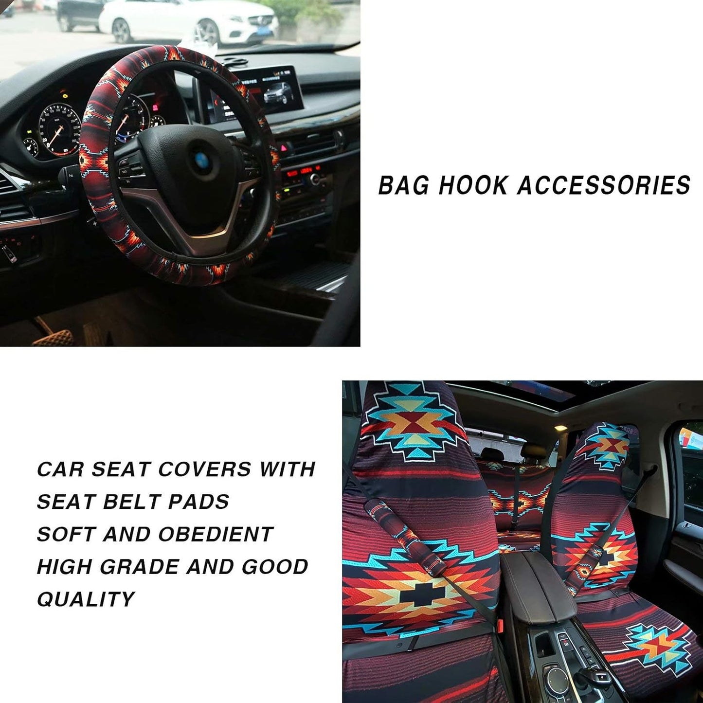 Pensura Tribal Aztec Stripes Pattern Front and Rear Bench Back Seat Cover Steering Wheel Cover Car Headrest Cover Car Floor Mats Set of 10 pc,Vehicle Seat Protector Universal fit for Sedan Breathable