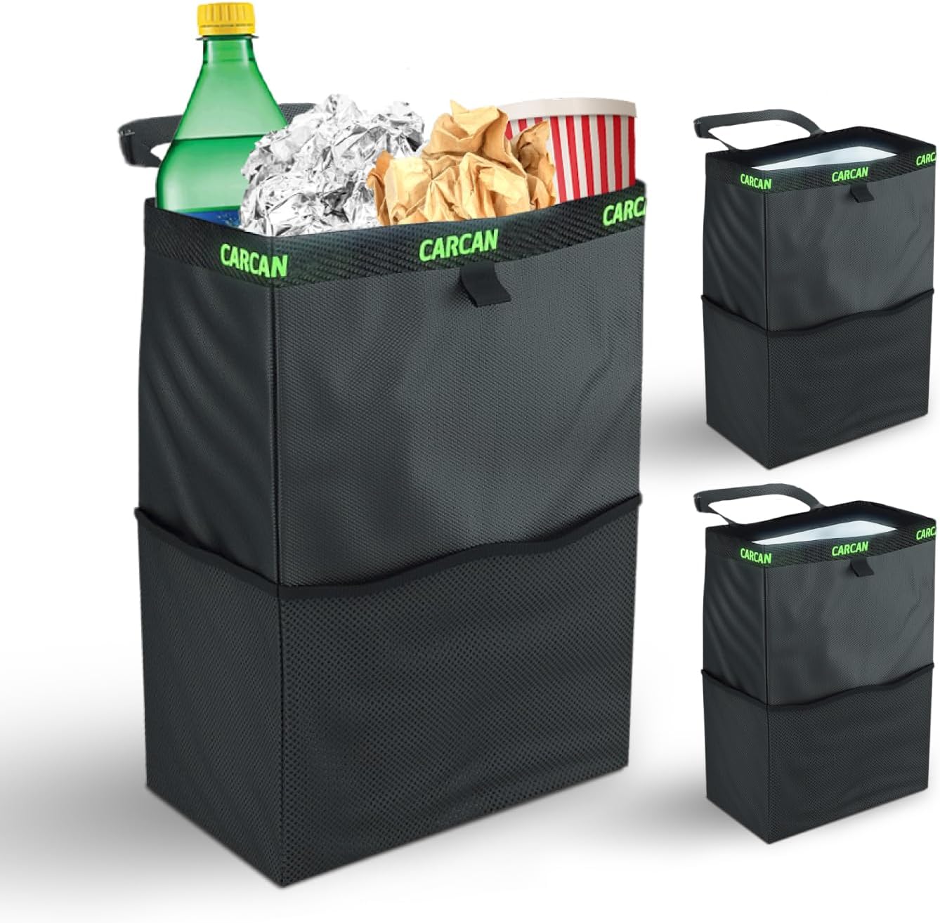 CarCan The Original 3 in 1 Hanging Car Trash Can for Back Seat, Cooler & Storage Bag – Metal Framed, Washable & Reusable Car Trash Bin with 3 Pockets (Pack of 5)