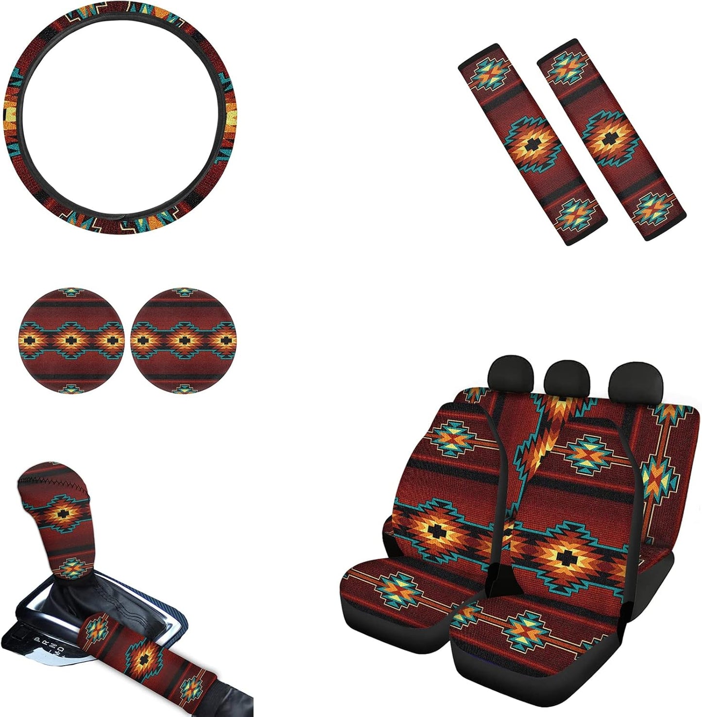 AFPANQZ Nebula Galaxy Car Seat Covers with Steering Wheel Cover, Seat Belt Shoulder Pads, Cup Holder Coasters, Gear Shift Knob and Handbrake Protector Cushion Full Set of 11 for Men Women Gift Navy