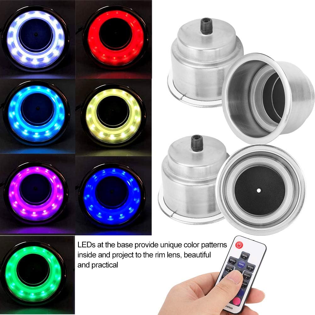 Acouto Cup Holders 4Pcs DC 12V Stainless Steel RGB LED Car Beverage Bottle Cup Drink Holders with Remote Control for Marine Boat RV Truck