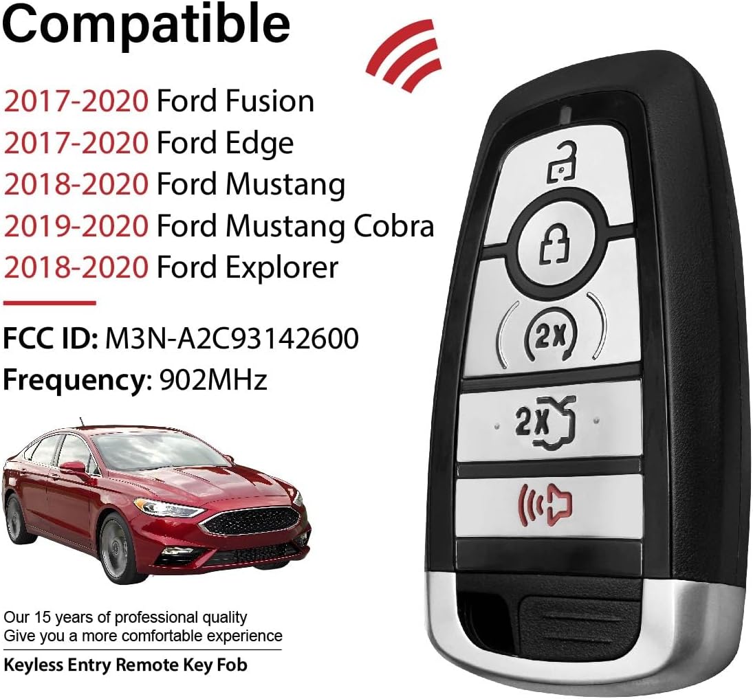 Keylessbest Key Fob Remote Replacement for 2018 2019 2020 Ford Fusion Edge Mustang Cobra Explorer 5 Buttons 902MHz M3N-A2C93142600,Black