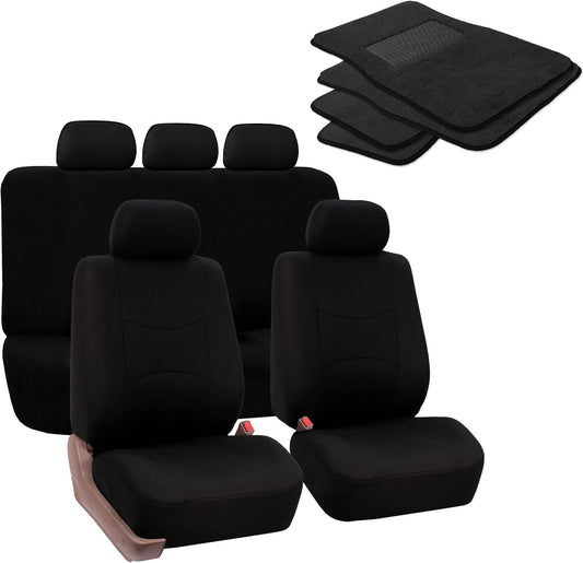 FH Group Car Seat Covers Flat Cloth Full Set – Universal Fit for Cars Trucks & SUVs (Black) FB050115 + F14403
