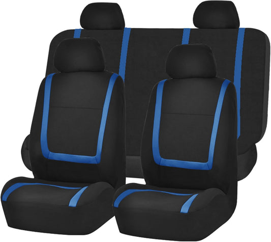 FH-FB032114 Unique Flat Cloth Seat Cover w. 4 Detachable Headrests and Solid Bench Blue/Black