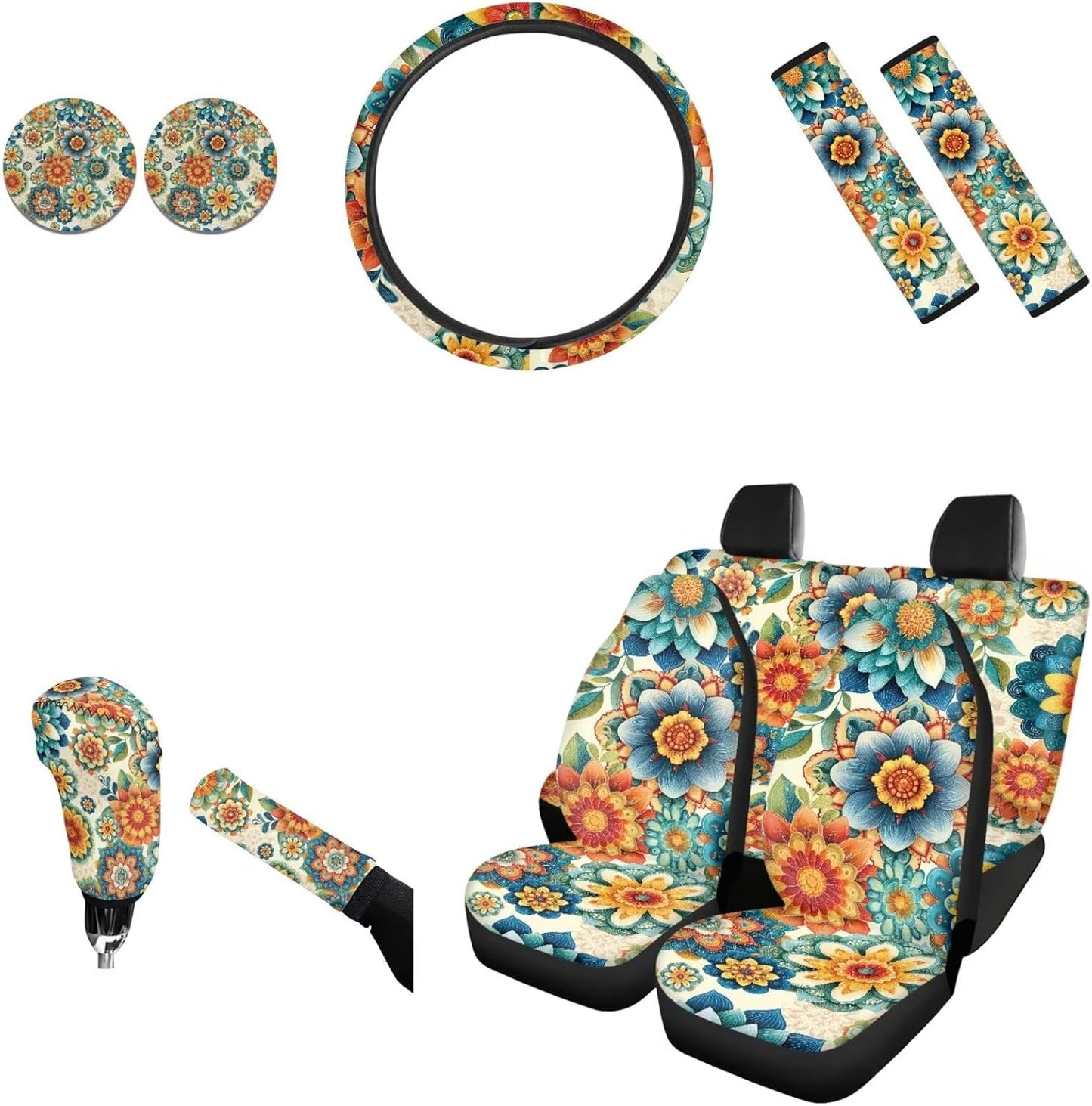AFPANQZ Nebula Galaxy Car Seat Covers with Steering Wheel Cover, Seat Belt Shoulder Pads, Cup Holder Coasters, Gear Shift Knob and Handbrake Protector Cushion Full Set of 11 for Men Women Gift Navy