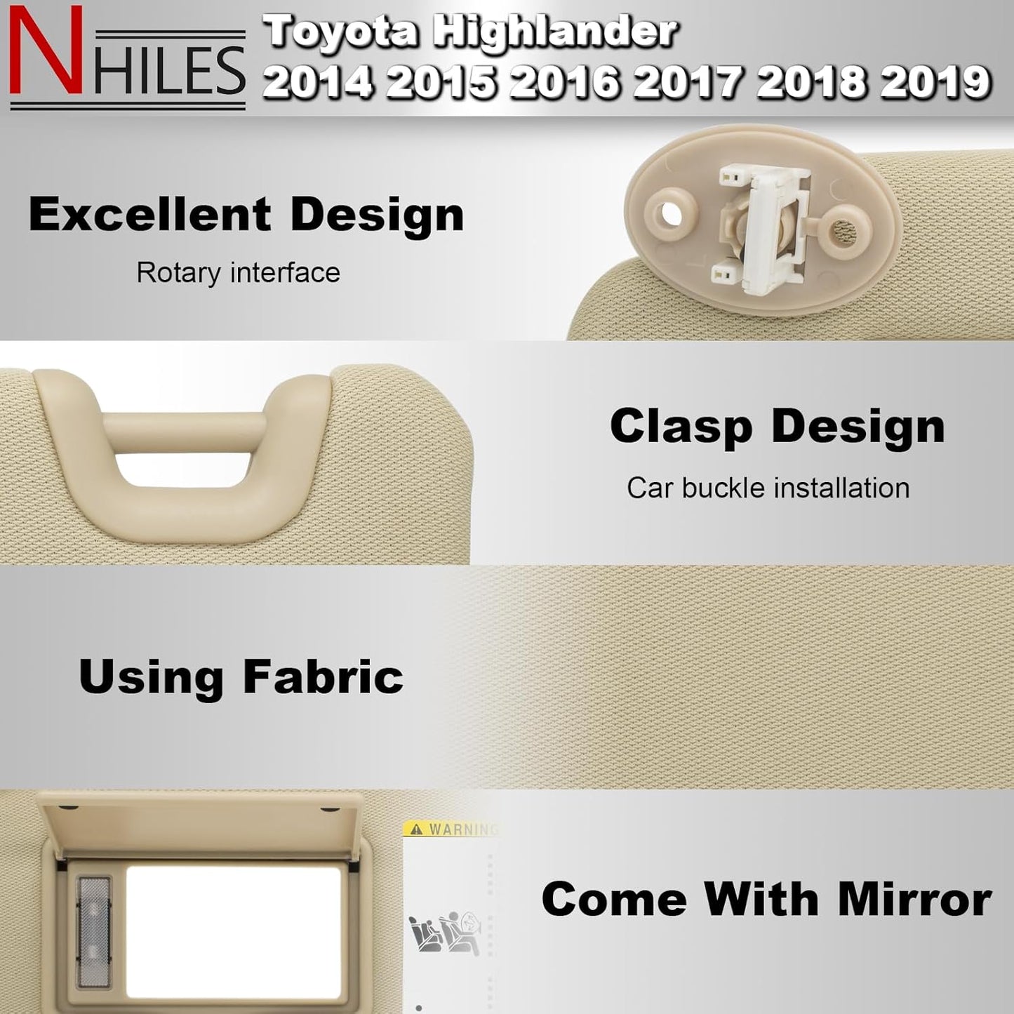 NHILES Left Driver Side Sun Visor Compatible with Toyota Highlander 2014 2015 2016 2017 2018 2019 Replaces# 74320-0E074-A0 Color Flaxen