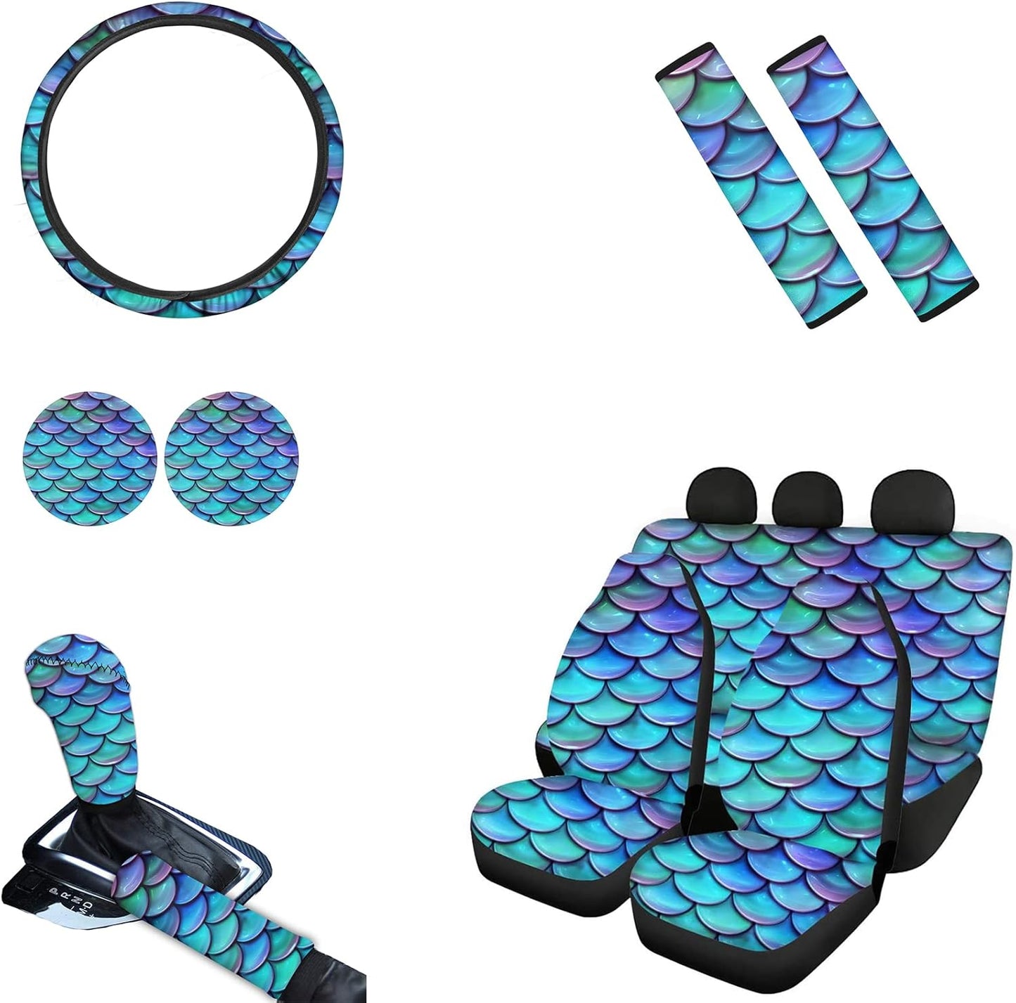 AFPANQZ Nebula Galaxy Car Seat Covers with Steering Wheel Cover, Seat Belt Shoulder Pads, Cup Holder Coasters, Gear Shift Knob and Handbrake Protector Cushion Full Set of 11 for Men Women Gift Navy