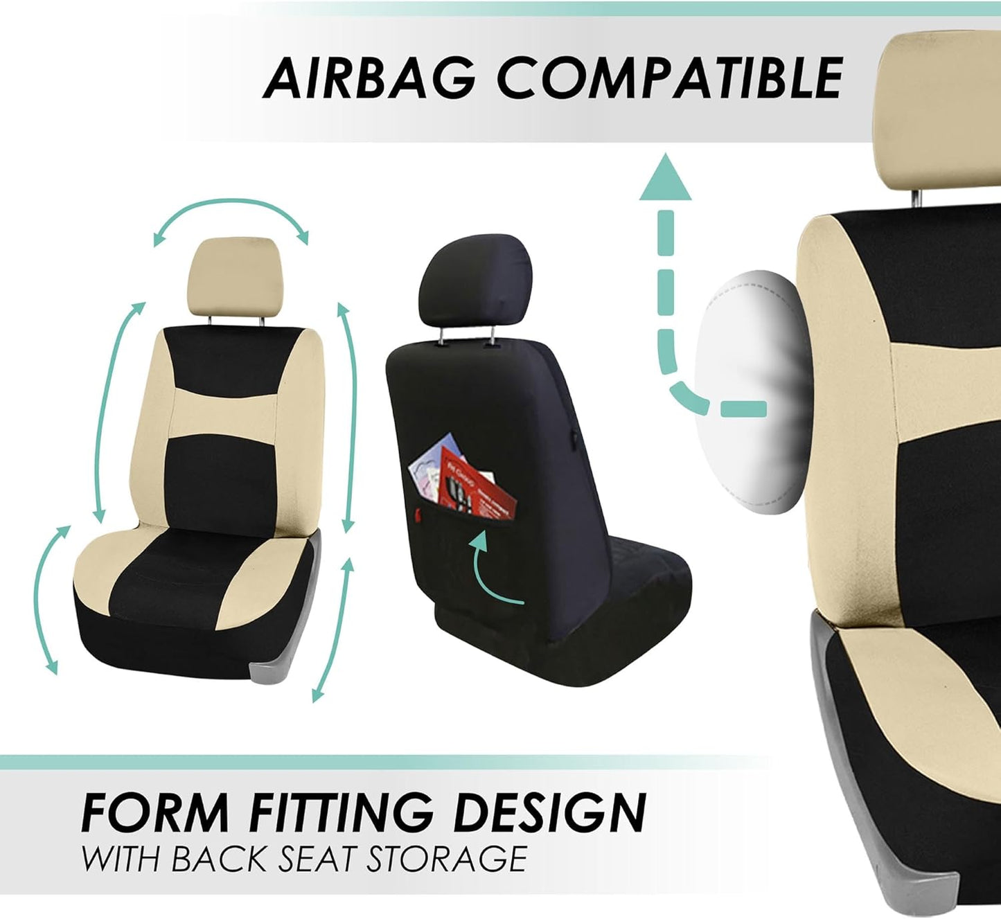 FH Group Light & Breezy Cloth Car Seat Covers, 7 Seater Three Row Set- Airbag & Split Ready -Universal for Cars Trucks and SUVs Beige/Black