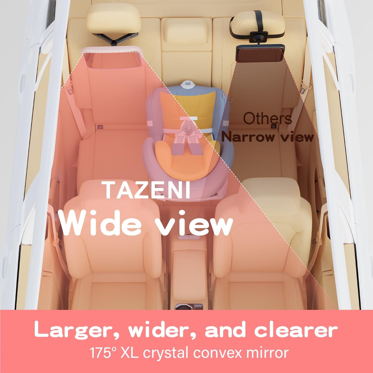 TAZENI Car Mirror for Baby - Hook Clip Design, Never Shake Car Seat Mirror, Rear Facing, Easy Install, Back Seat Crystal Clear View, ShatterProof Tested - Pink