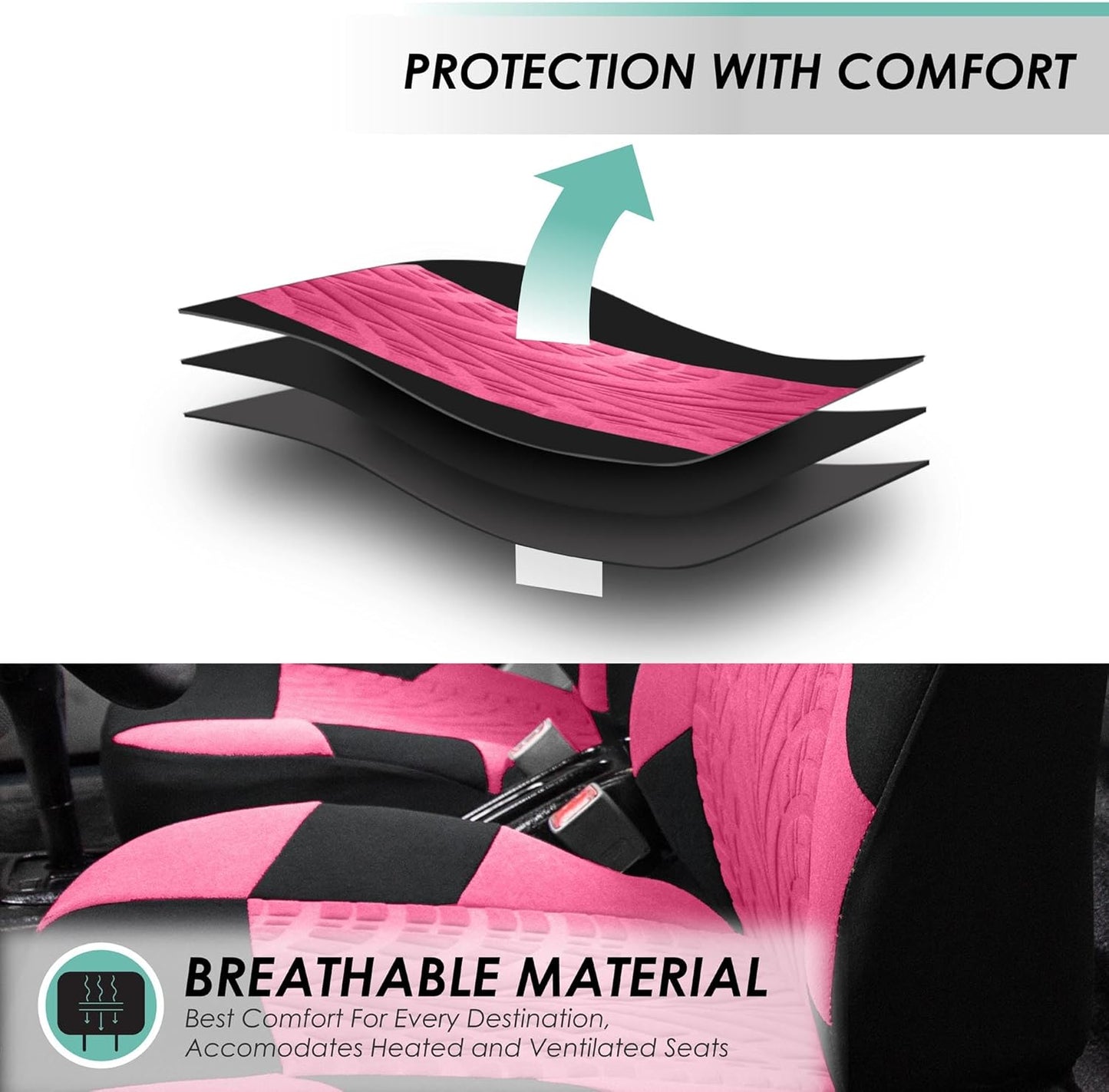 FH Group Car Seat Covers Full Set Premium Cloth - Universal Fit, Automotive Seat Cover, Low Back Front Seat Covers, Airbag Compatible, Split Bench Rear Seat, Washable Seat Cover for SUV, Sedan Pink