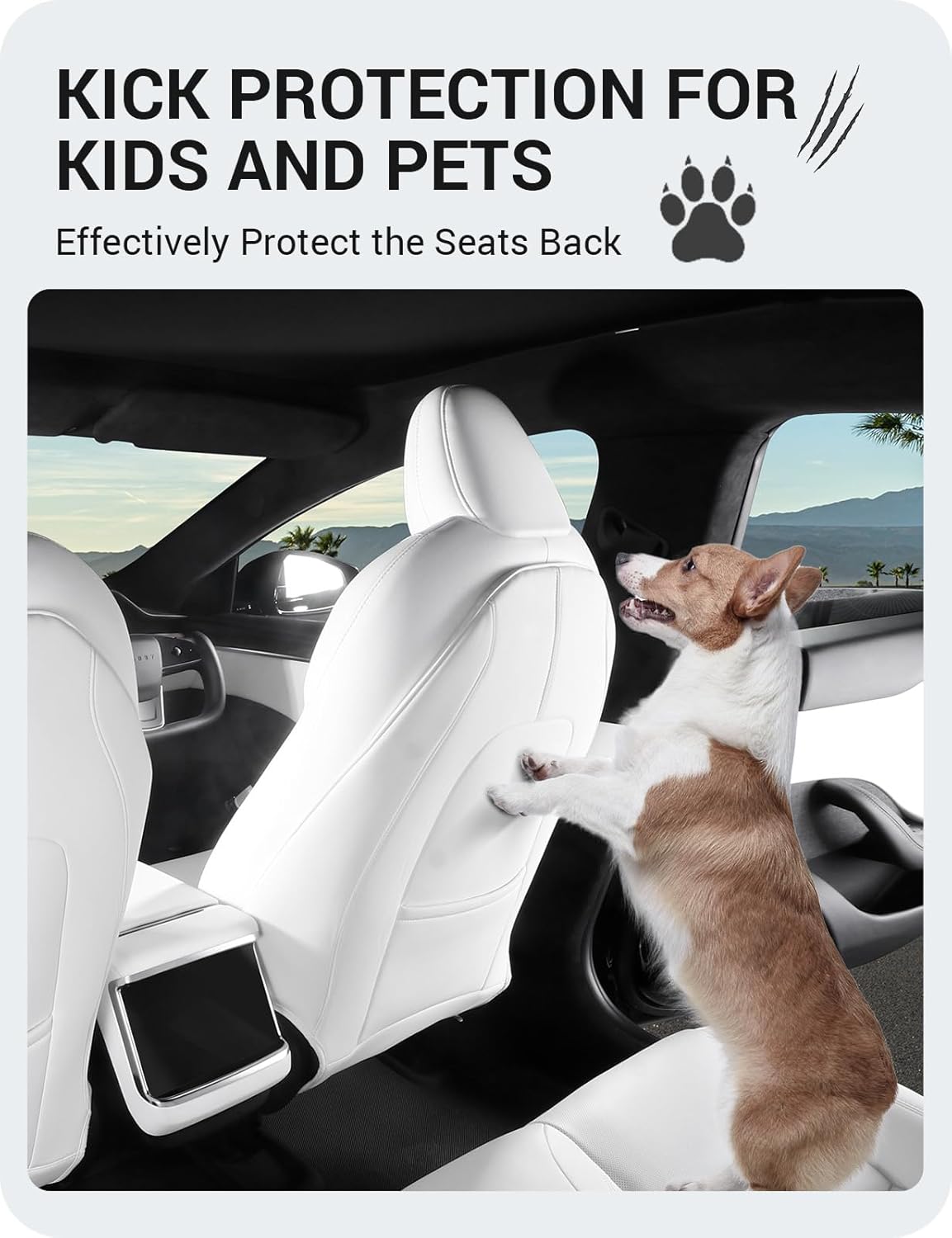 BASENOR 2025 2026 Upgraded Tesla Model 3/Y/S/X Leather Seat Back Kick Protector, Backseat Mats for Kids (Extra Organizer Pocket) Waterproof Scratchproof Resistant Protection White (Set of 2)