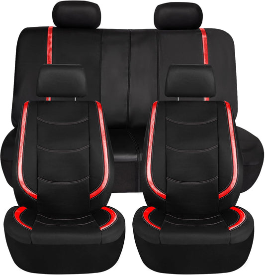 FH Group Full Set Faux Leather Car Seat Covers - Universal Fit, Low Back Front Seat Covers, Airbag Compatible, Split Bench Rear, Seat Cover for SUV, Sedan, Red