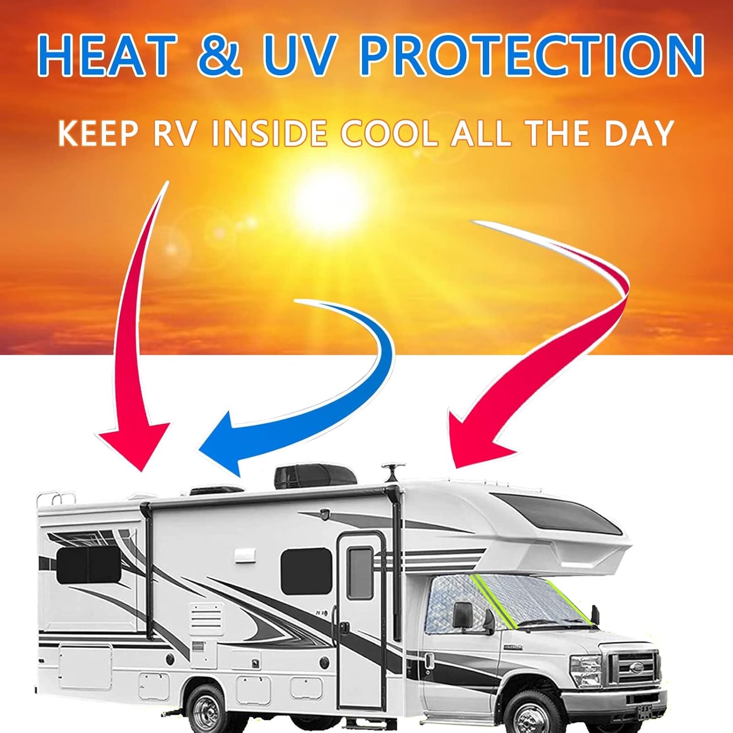 Big Hippo Windshield Cover RV Window Sunshade Cover for Class C Ford E450 1997-2022 Motorhome, UV Block Offer Complete Privacy with Reflective Strips RV Accessories 4 Layers with Mirror Cutouts Silver
