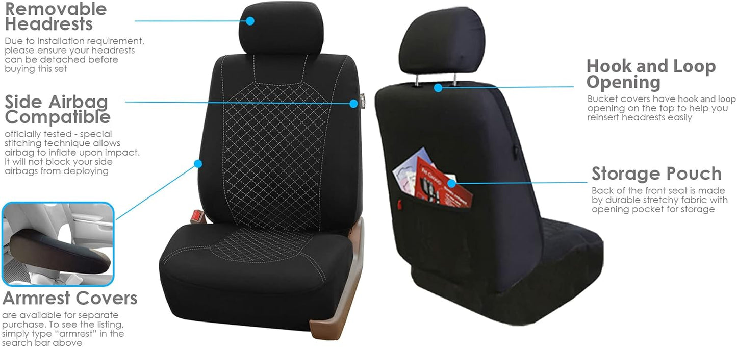 FH-FB066102 Fabric Bucket Seat Covers with Ornate Diamond Stitching White/Black