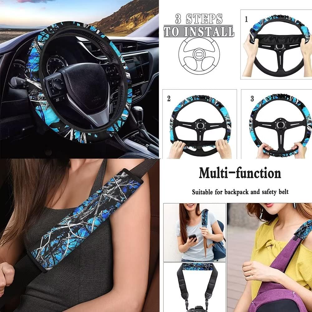 Wideasale Blue Camo Oak Hunting 12Pc Car Seat Covers Full Set/Steering Wheel Covers/Seat Belt Pads/Key Chain/Coaster/Lipstick Holder Universal Auto Accessories Interior Protector Universal Fit