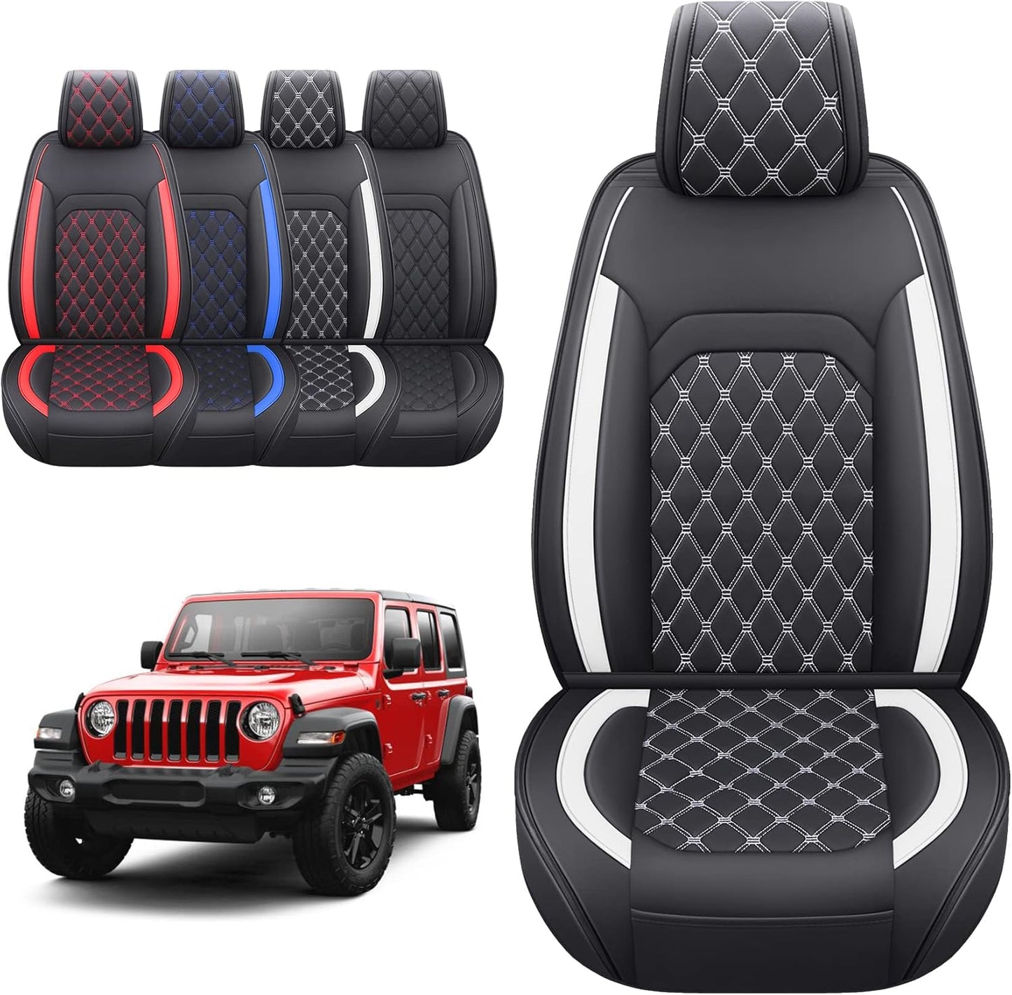 Aierxuan Front Seat Covers Compatible with Jeep Wrangler JK JL Custom Fit 2007-2025 2/4 Door Sahara Willys Sport High Altitude Unlimited Truck Pickup Waterproof Leather(2 PCS Front, Black-White)