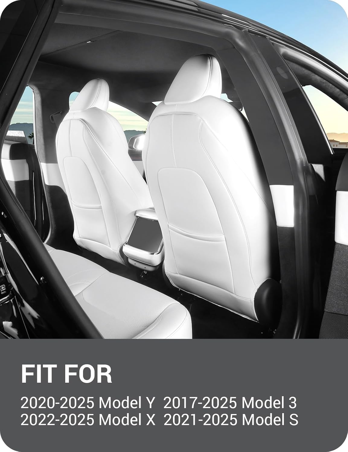 BASENOR 2025 2026 Upgraded Tesla Model 3/Y/S/X Leather Seat Back Kick Protector, Backseat Mats for Kids (Extra Organizer Pocket) Waterproof Scratchproof Resistant Protection White (Set of 2)