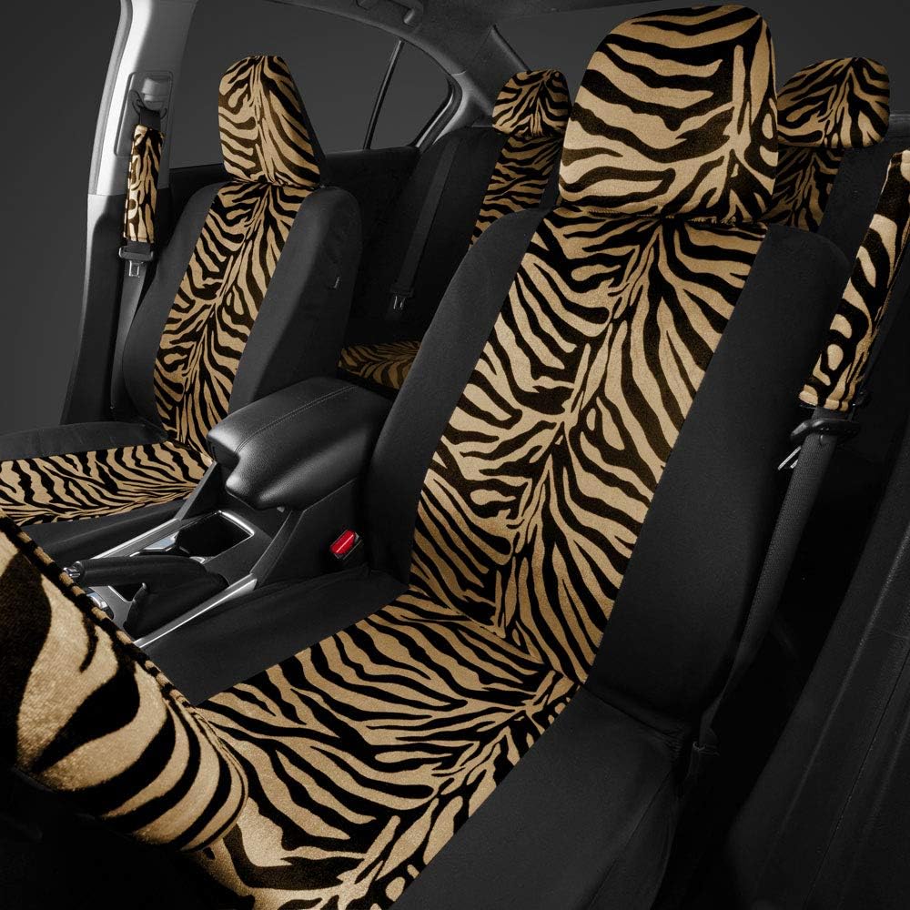BDK carXS Zebra Print Car Seat Covers Full Set Includes Matching Seat Belt Pads and Steering Wheel Cover Two-Tone Animal Print Beige Seat Covers for Cars for Women, Car Seat Protector Interior Covers